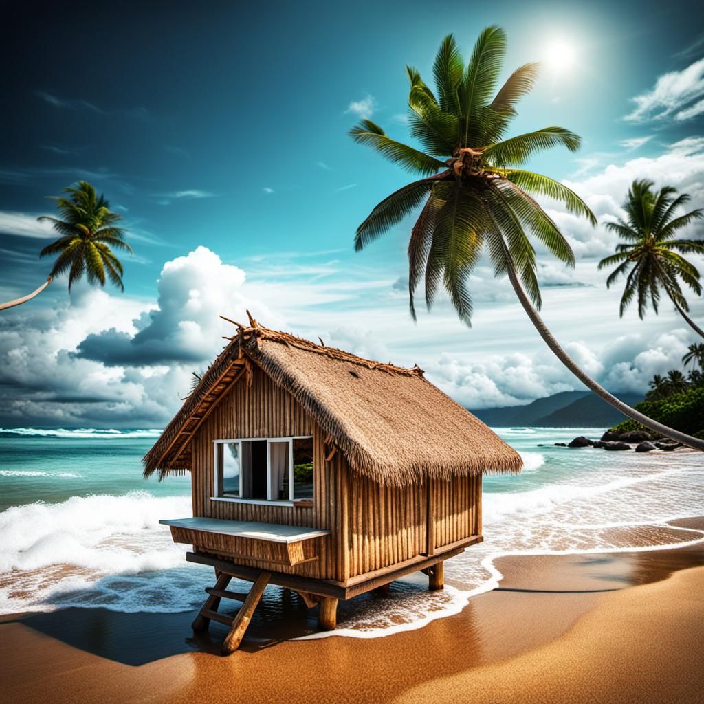 Hyperrealistic Valentine's Day Beach Scene with Bungalow