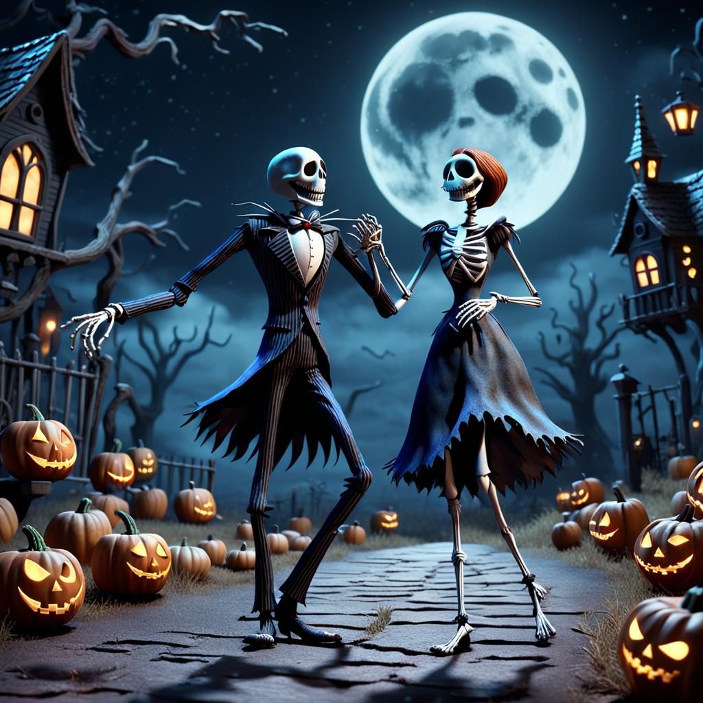 "Jack Skeleton und Sally tanzen im Mondlicht"