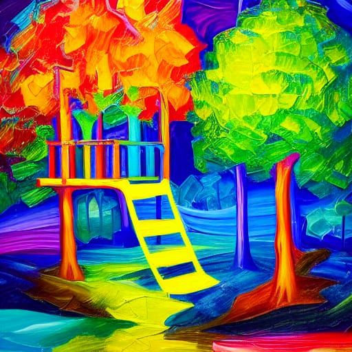 Neon Treehouse in Mountains: Neo-Impressionist Oil Painting