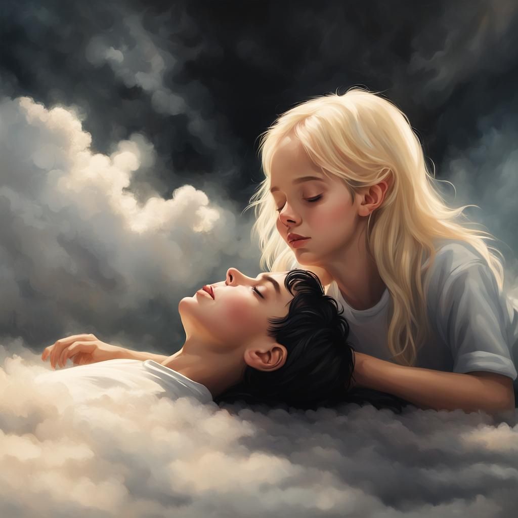 Mourning Girl with Fallen Boy in Divine Light