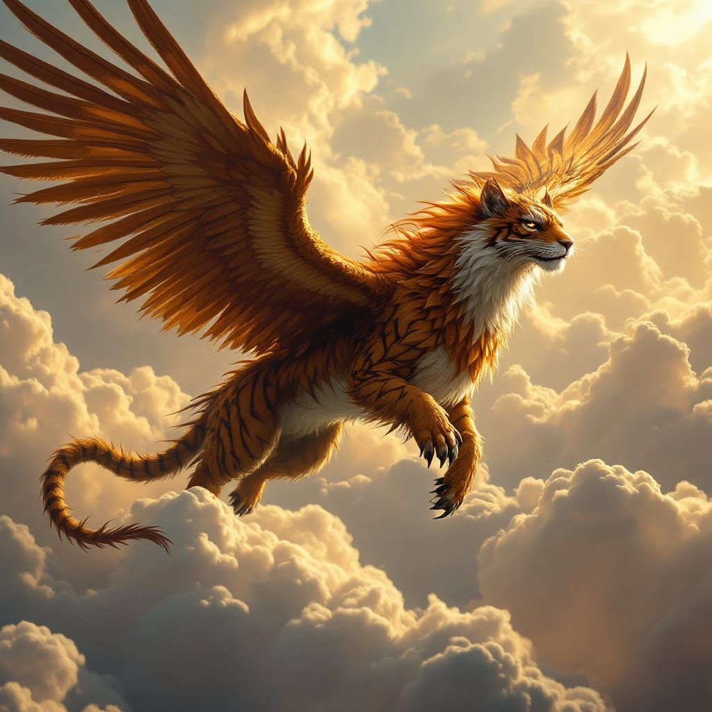 Hybrid Griffin Soaring Through Cirrus Clouds