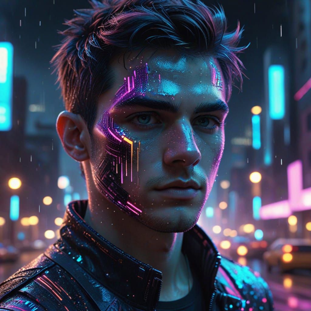 Cyberpunk Guy in Neon City with Glittering Face