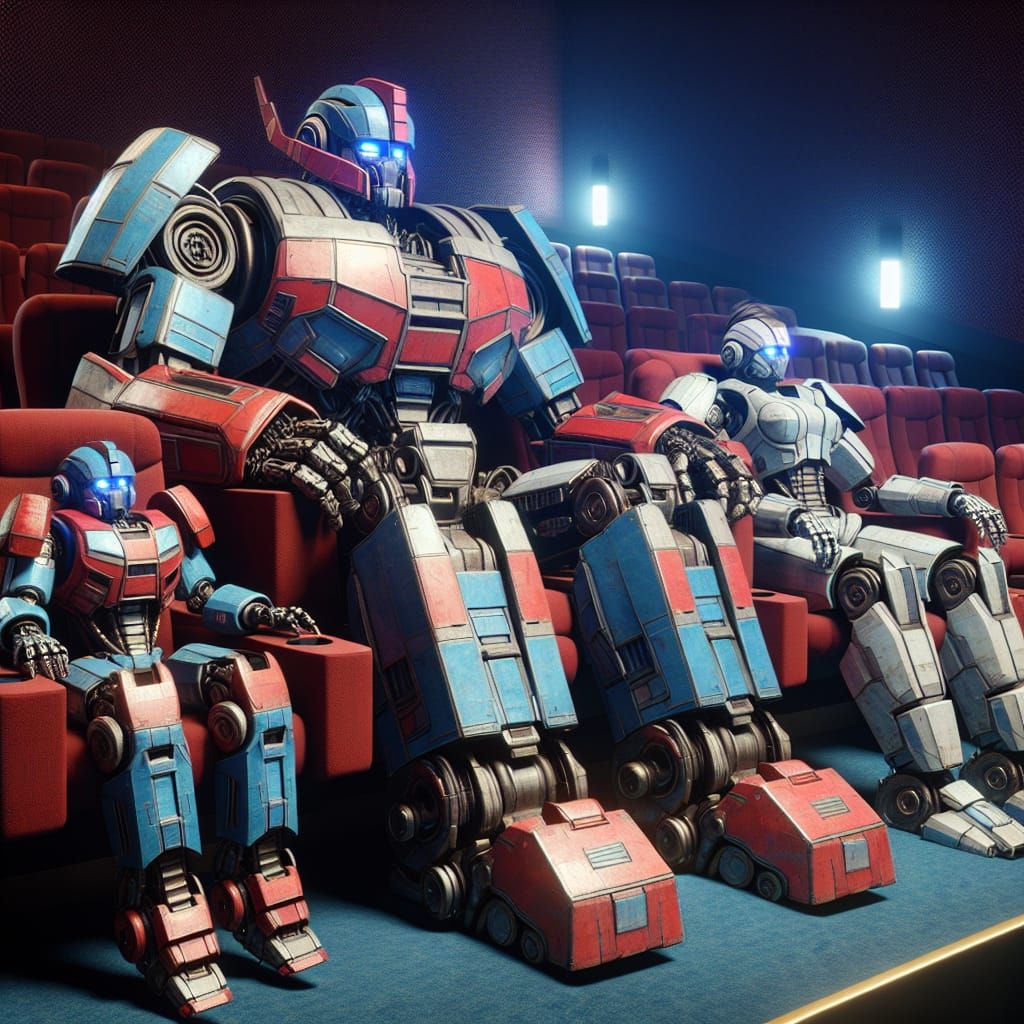 Robot Family Enjoying Movie Night at the Cinema
