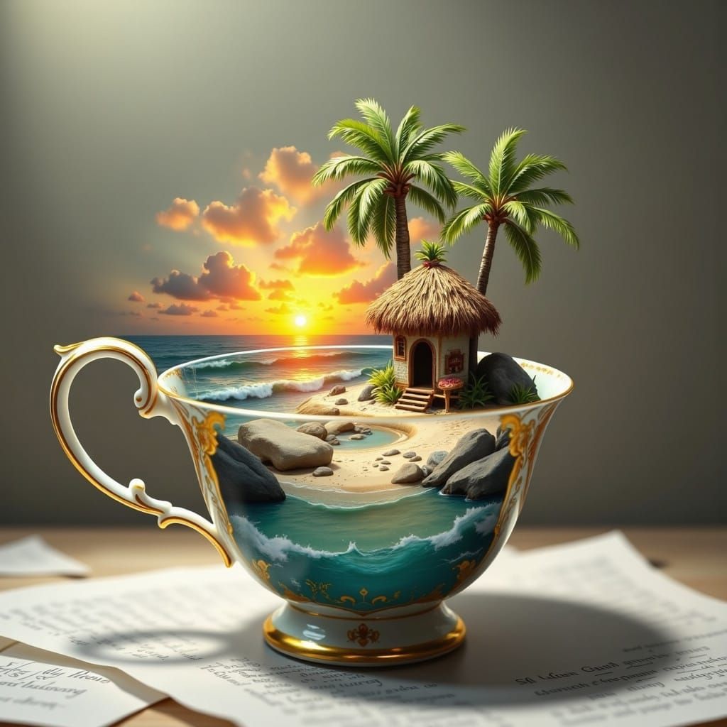 <lora:AJA-Teacup Worlds:1.0> A miniature beautiful Lil hut in paradise on the beach at sunset glow in a teacup