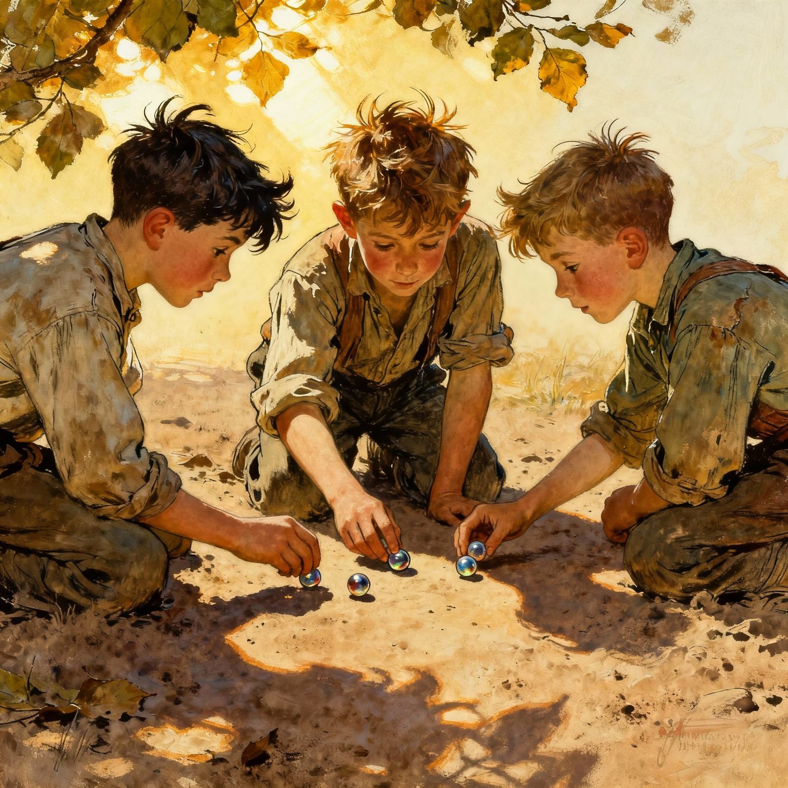 Nostalgic Illustration of Boys Playing Marbles at Golden Hou...
