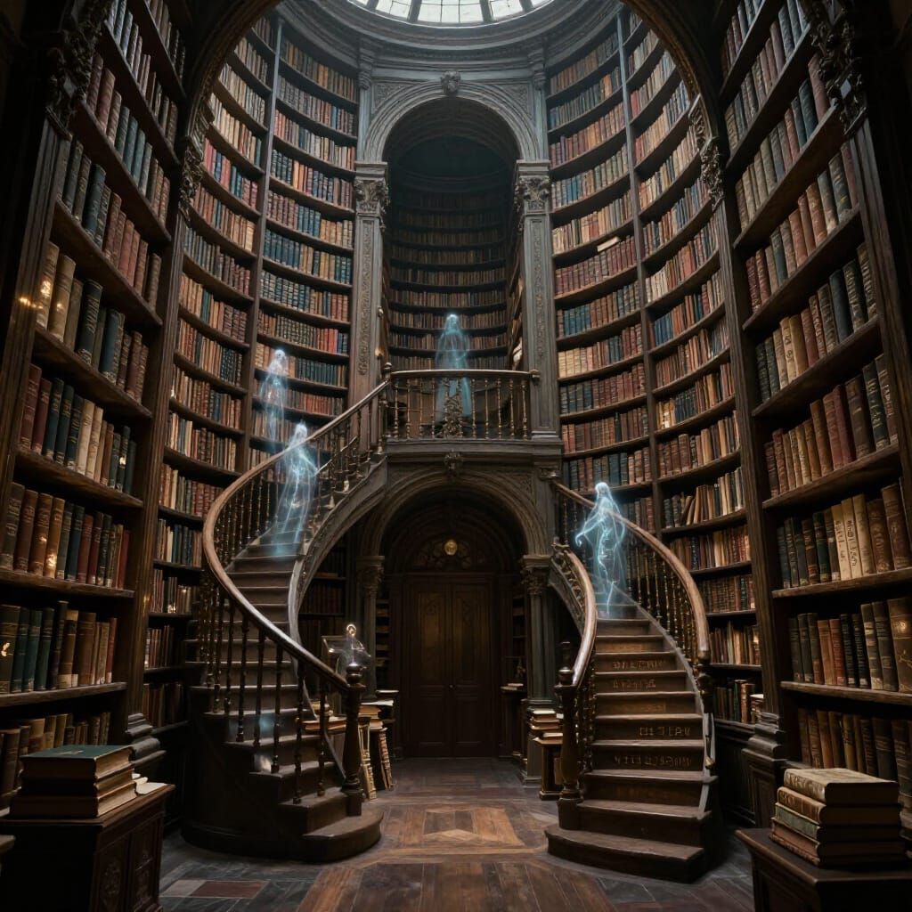 Ancient Library Built of Books With Ethereal Symbols