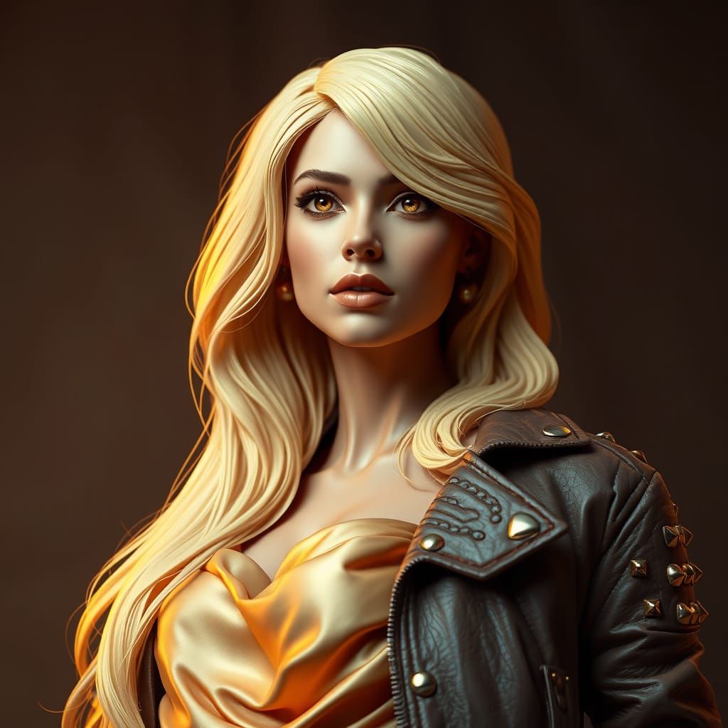 Chocolate Woman in Leather Jacket, Satin Top, and Golden Lig...