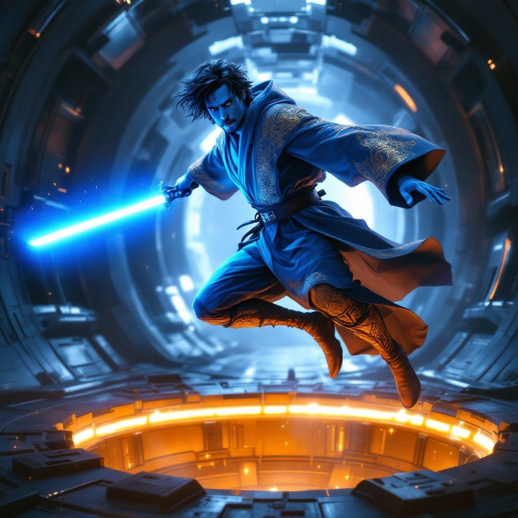 Cyberpunk Jedi Leaps Through Space Station in Vibrant Lights