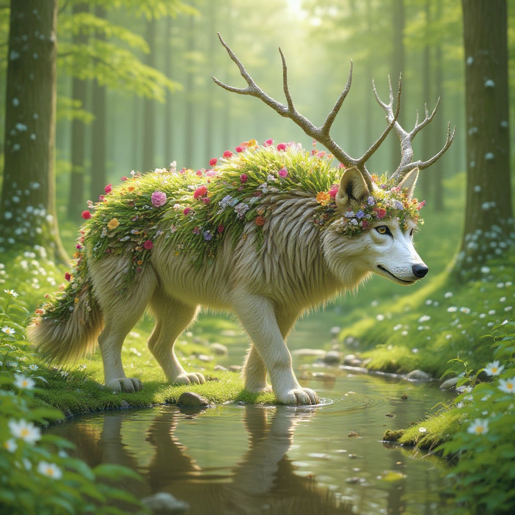Enchanted White Wolf in Fantasy Forest