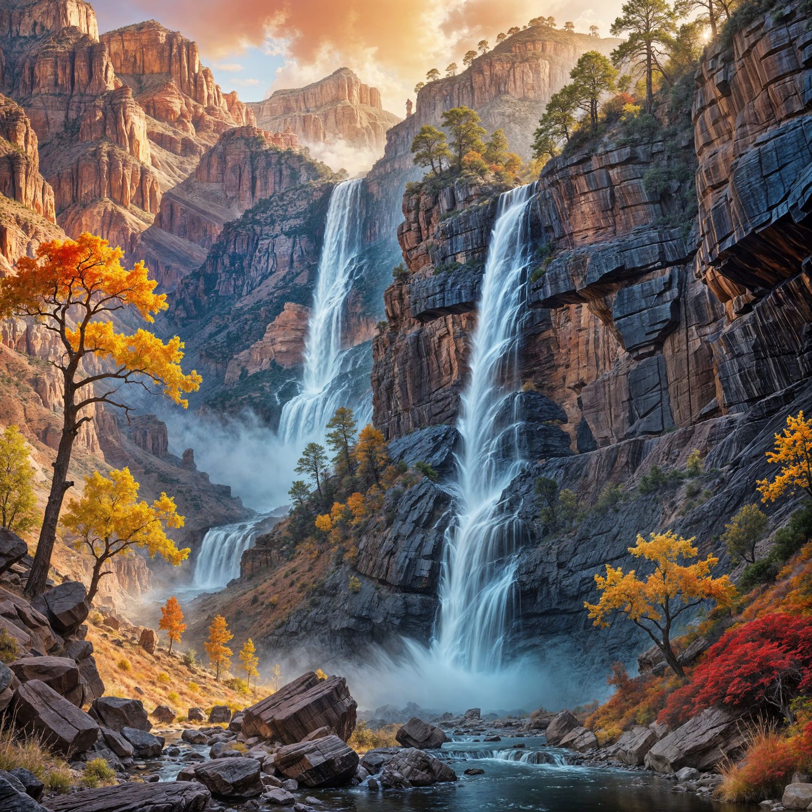 Fall Grand Canyon Waterfall Elegance in Airbrush Style