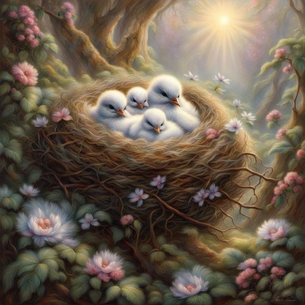 Ethereal Baby Doves Sleeping in Nest