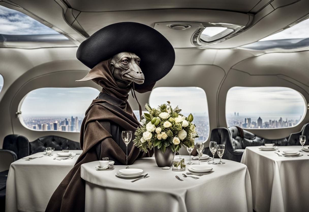Surreal Alien Restaurant Celebration in Dreamy Light