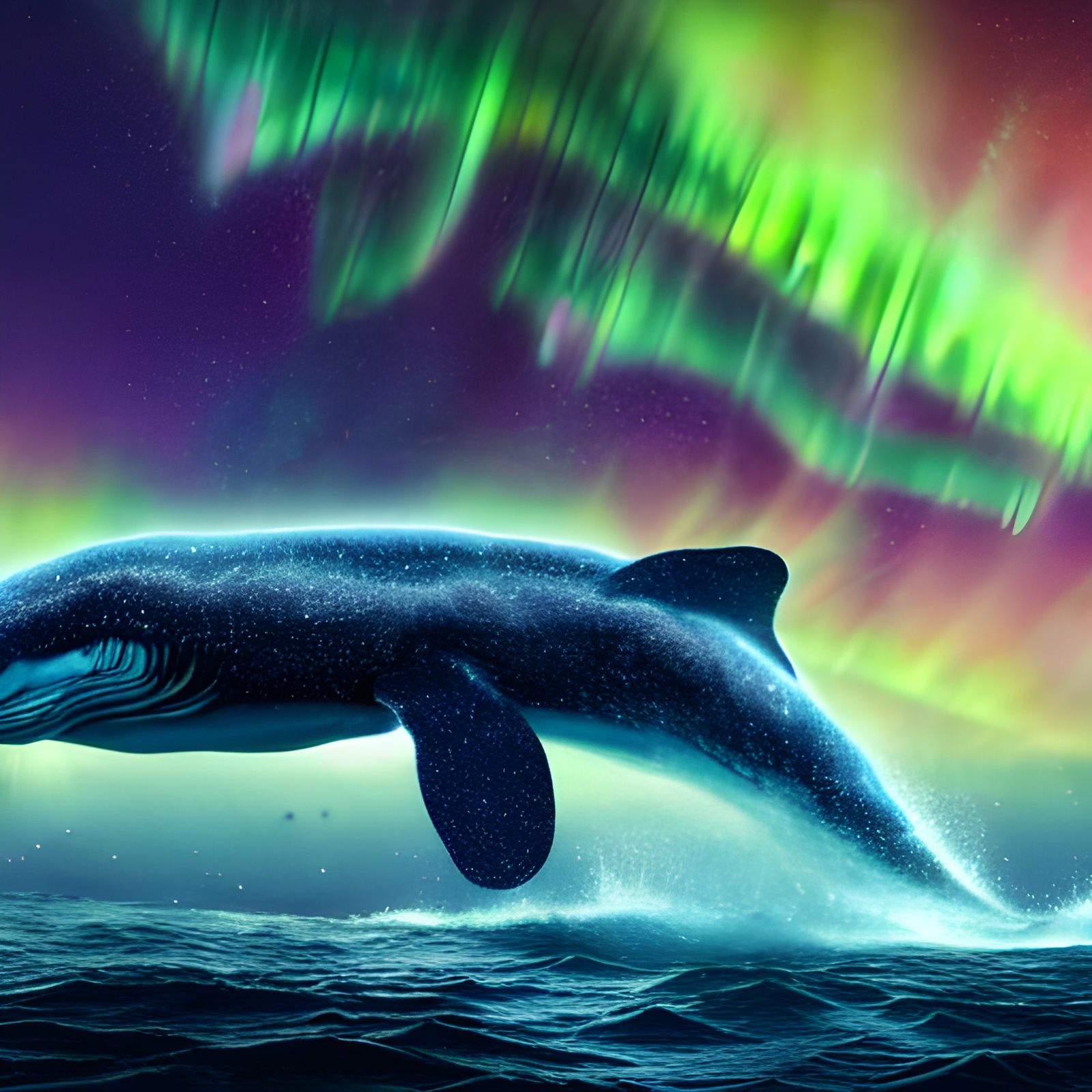 Cosmic Whale Soaring Through Aurora Sky