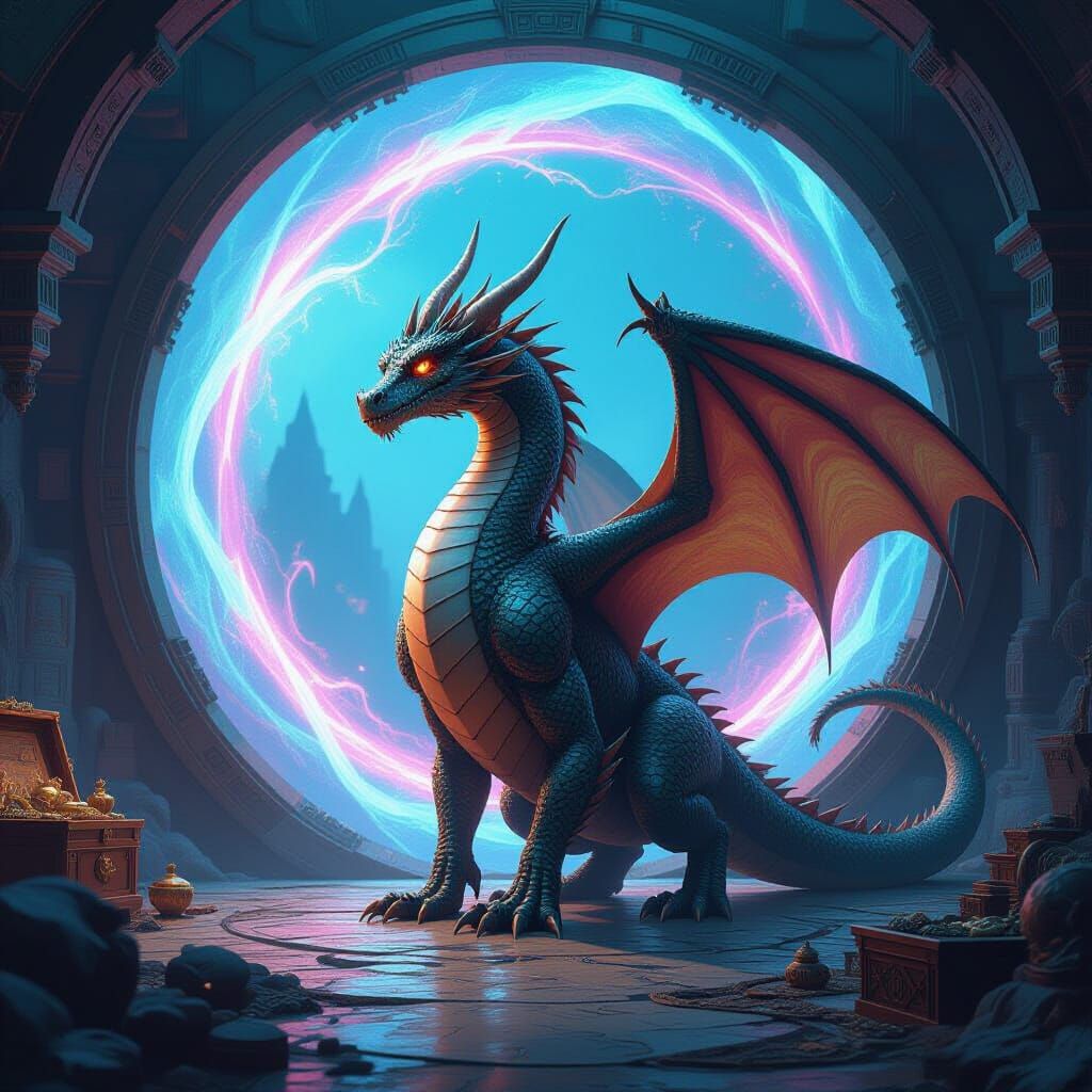 Dragon Guardian of Iridescent Portal: A Fantasy Scene