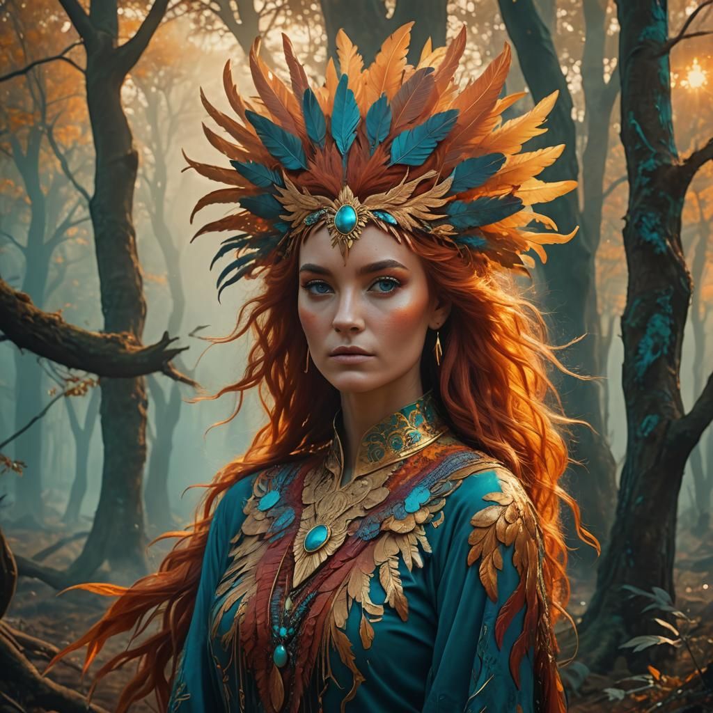 Mystical Phoenix Woman Portrait in Golden Forest