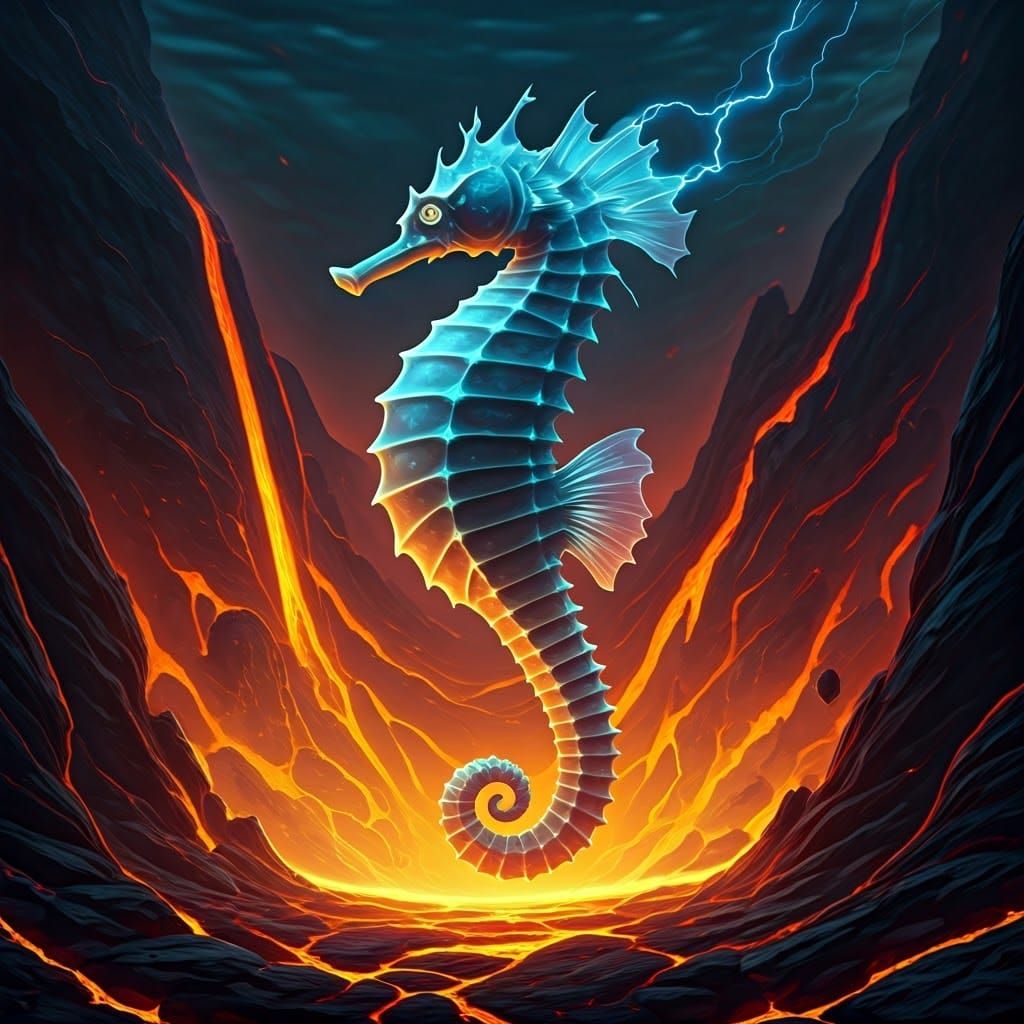 Bioluminescent Seahorse Swims in Volcano, Fantasy Concept Ar...