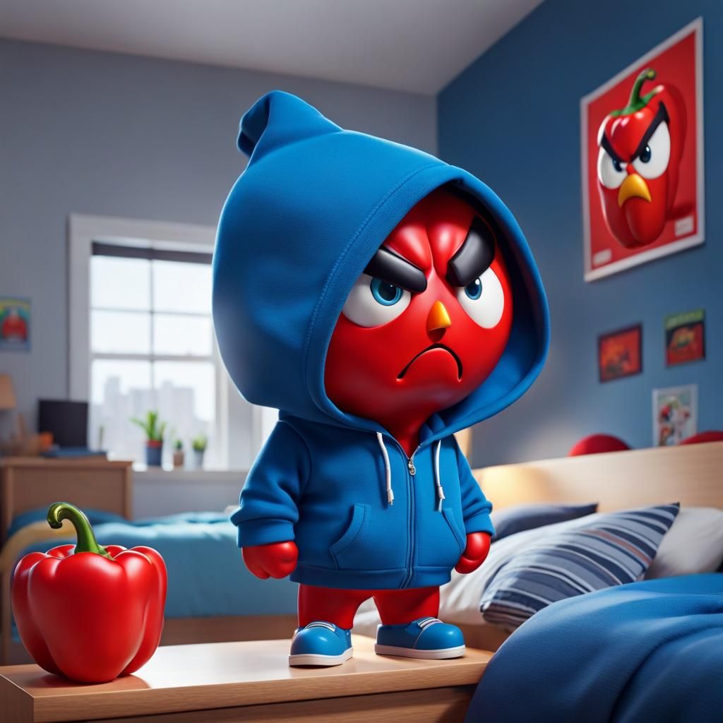 Cartoon Red Pepper in Blue Hoodie in Bedroom