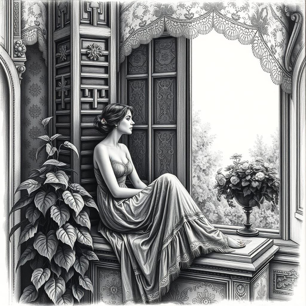 Ethereal Woman on Ornate Windowsill in Charcoal Drawing