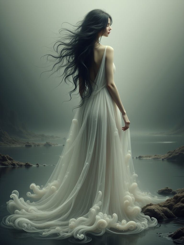 Ethereal Woman Lost in Sorrowful Riverbank Scene