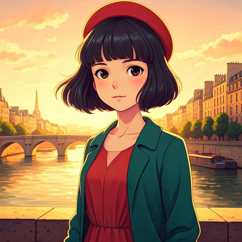 Anime Heroine Amelie in Paris Sunset, Anime Style