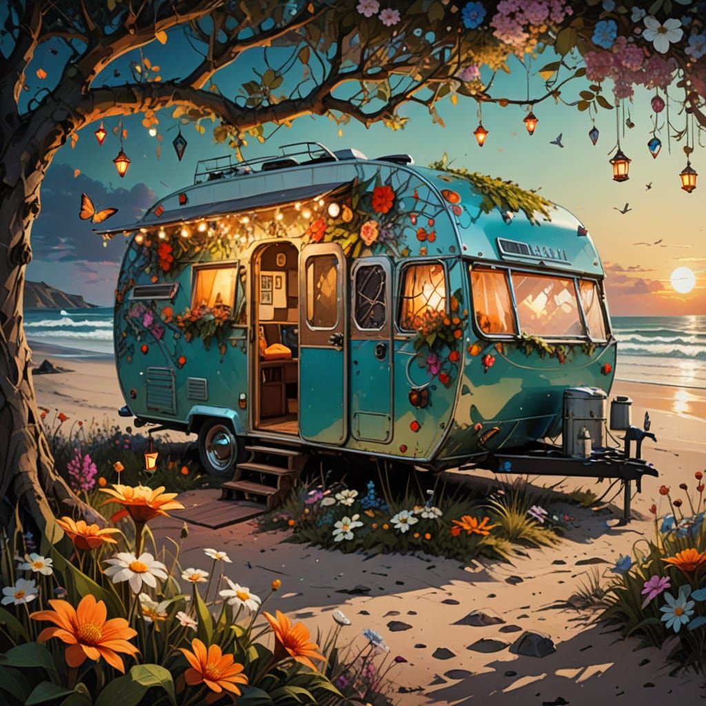 Magical Caravan on a Sparkly Beach at Sunset