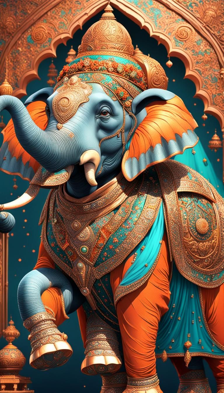 Festively Decorated Indian Elephant Miniature Art
