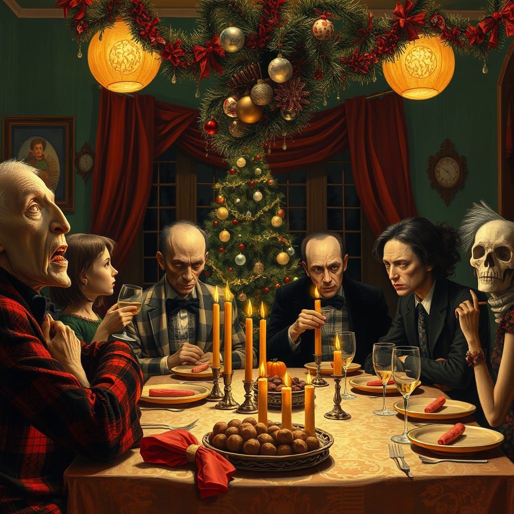 Whimsical Christmas Dinner in a Tim Burton Impressionist Wor...