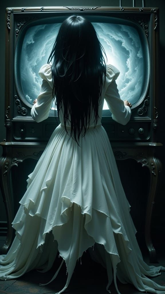 Sadako Emerges from TV in Eerie Horror Scene