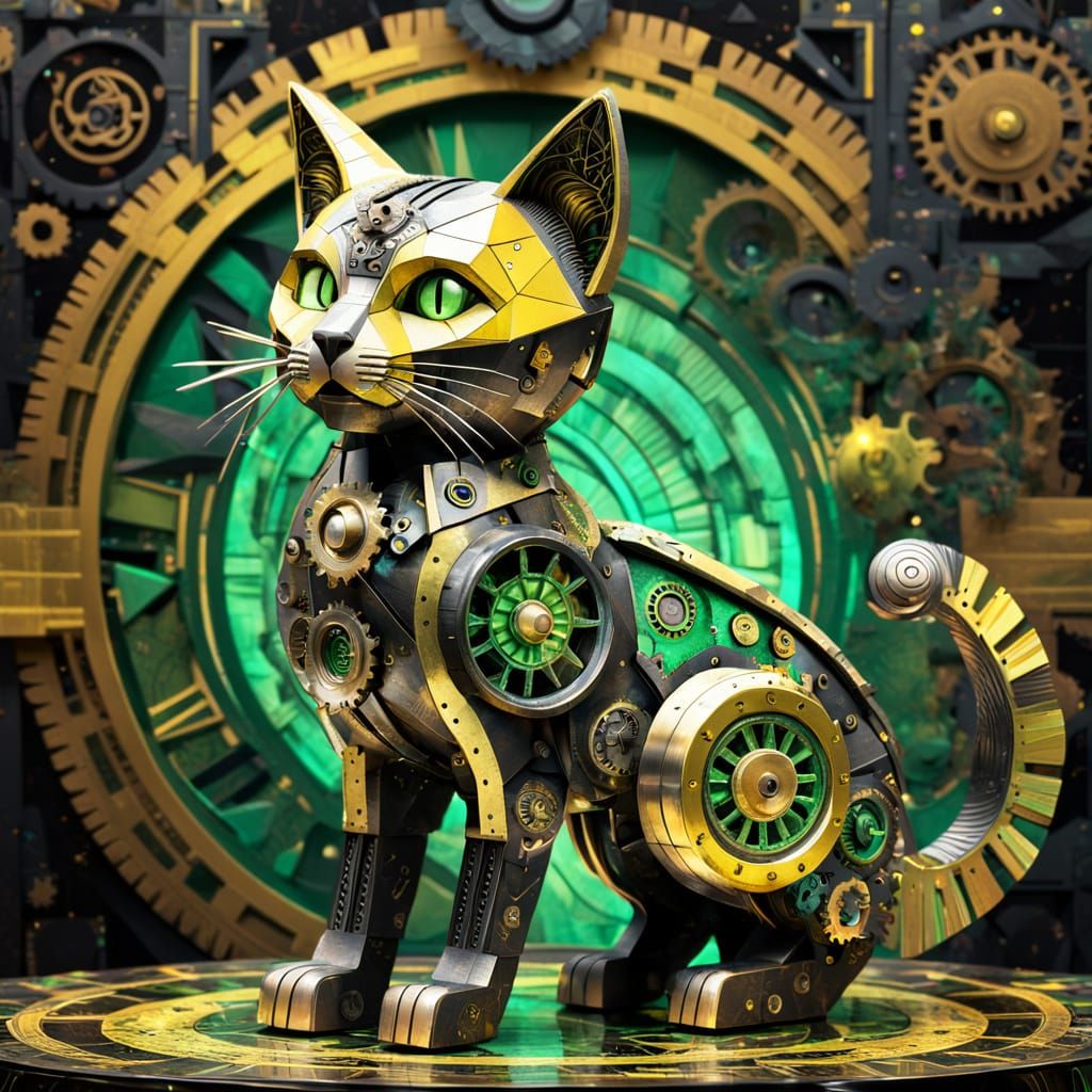 Steampunk Mechanical Cat Sculpture in Cubist Style