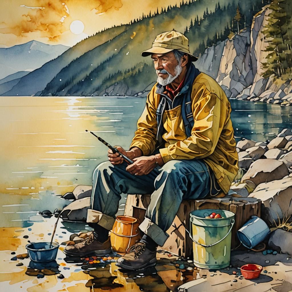 "A portrait of a fisherman sitting on the shore of Lake Baik...