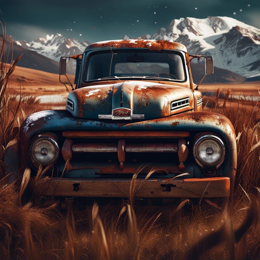 Old Ford Truck in Grassy Field with Mountains