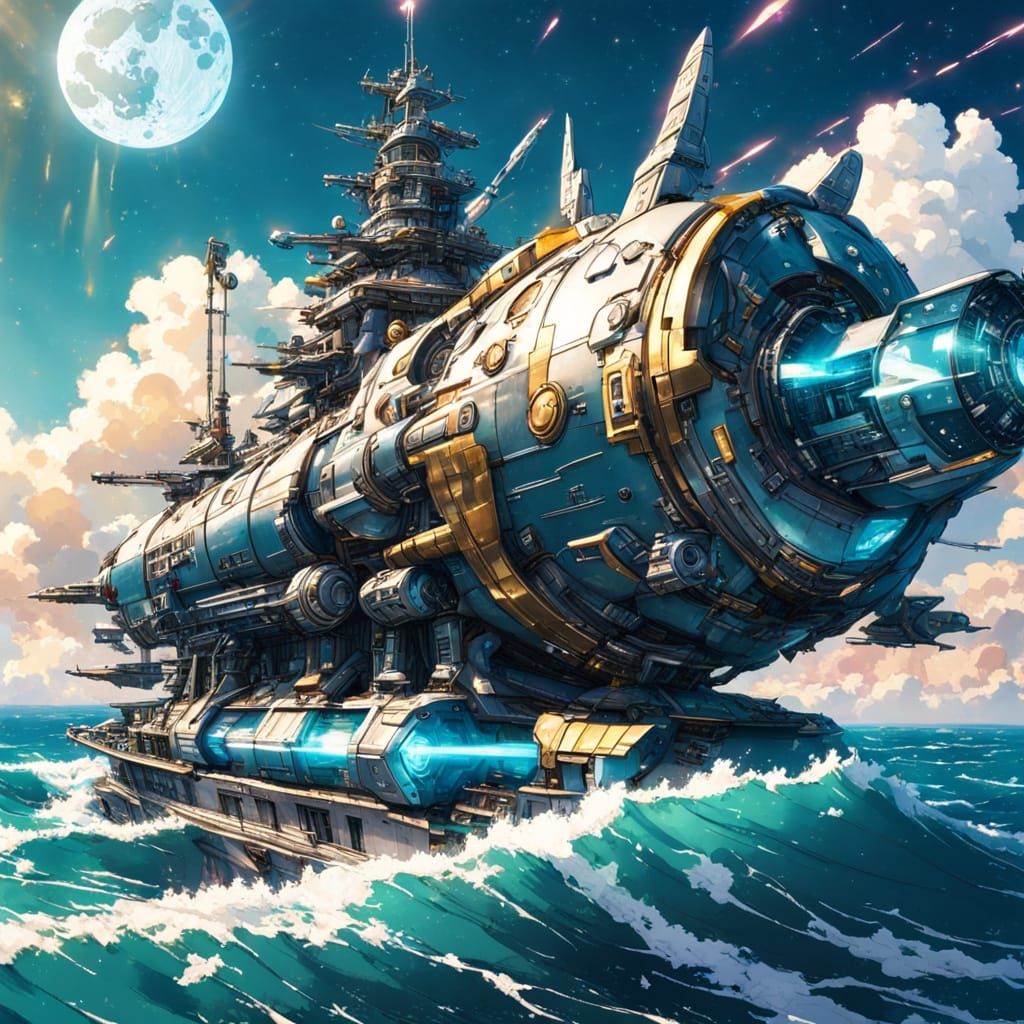 Mecha on Futuristic Ship, Anime Style