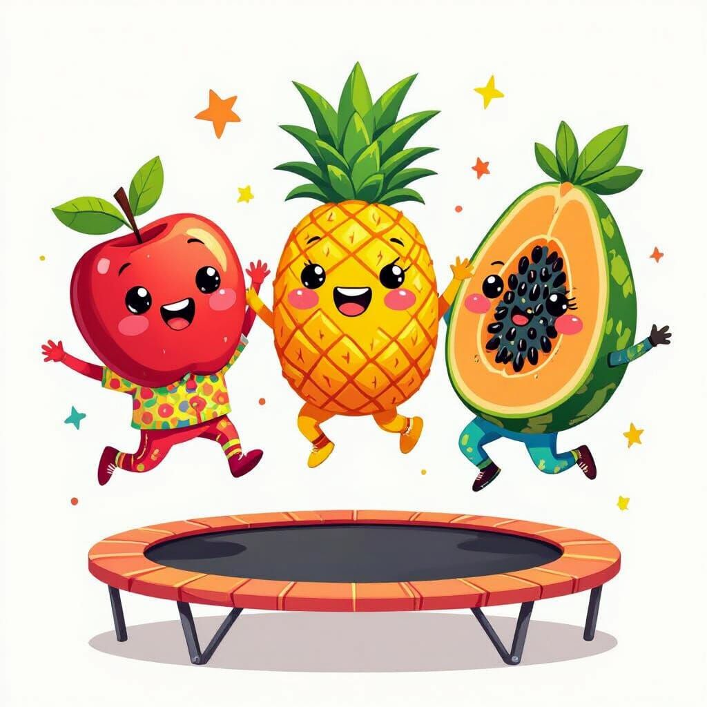 Cartoon Fruits Bouncing on a Trampoline