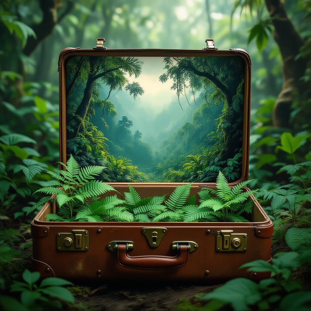surreal picture of a jungle in an old suitcase