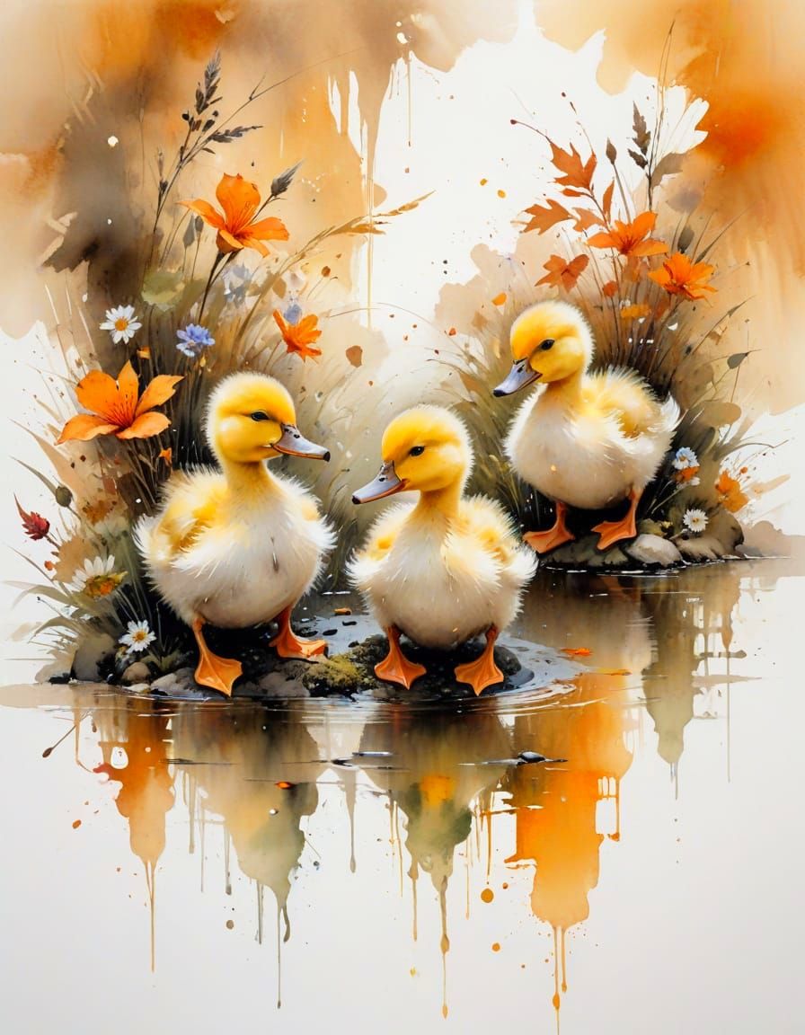Ducklings on Wildflowers: Expressive Watercolour Painting