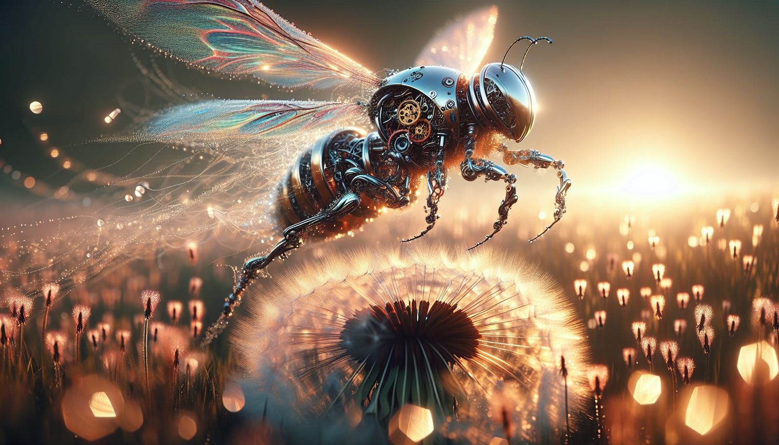 Hyperrealistic Mechanical Bumblebee on Dewy Dandelion