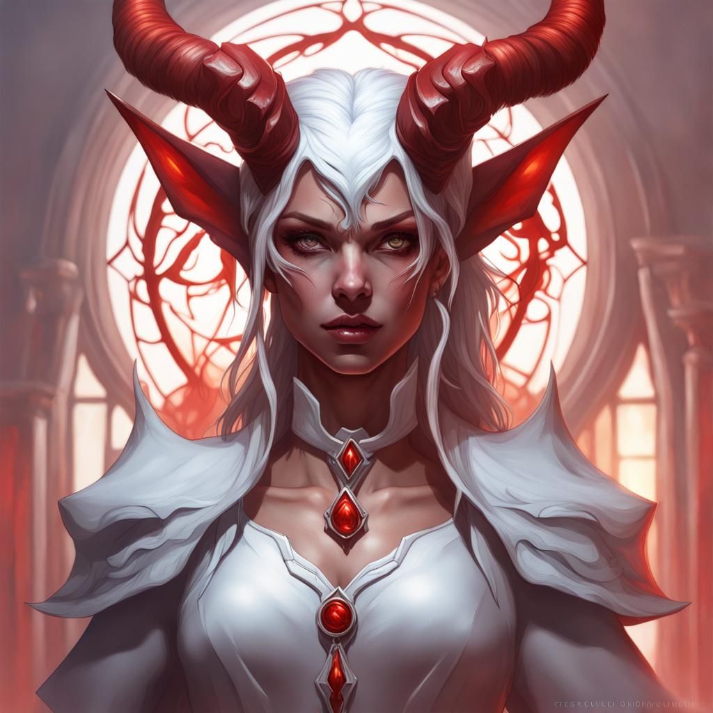 White-Haired Tiefling Blood Mage Portrait