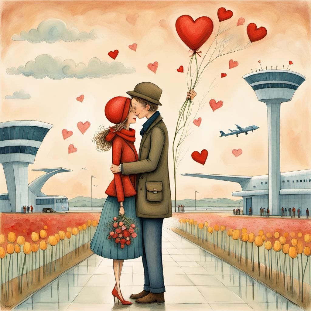 Charming Airport Embrace Illustration for Valentine's Day