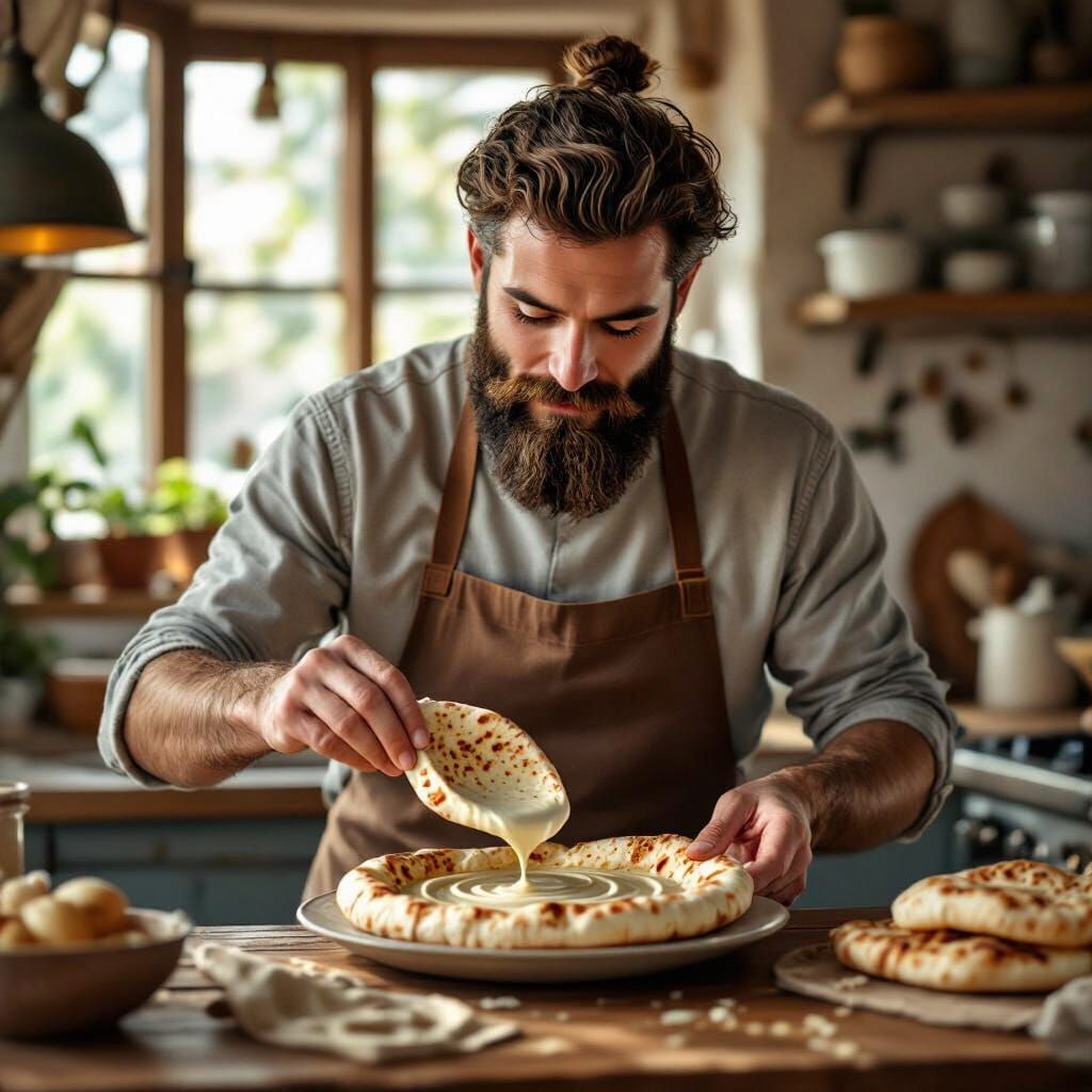Bearded Man Dips Pita in Tahini: Digital Art