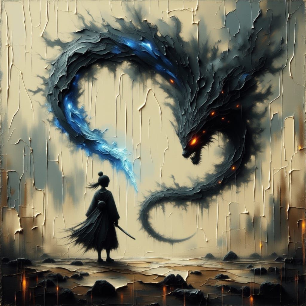 Samurai Faces Shadow Beast in Smoldering Wasteland