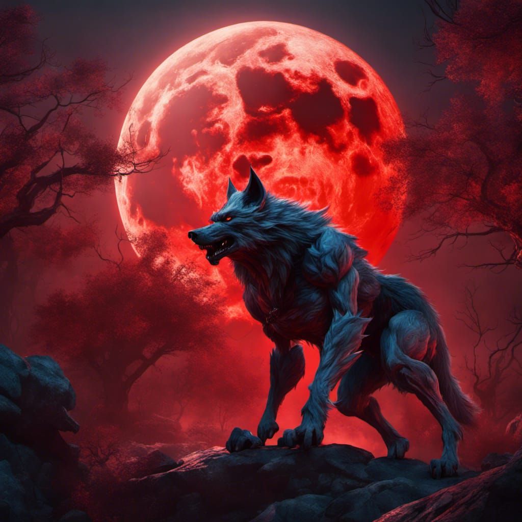 Werewolf Howling Under Blood Moon, Fantasy Art