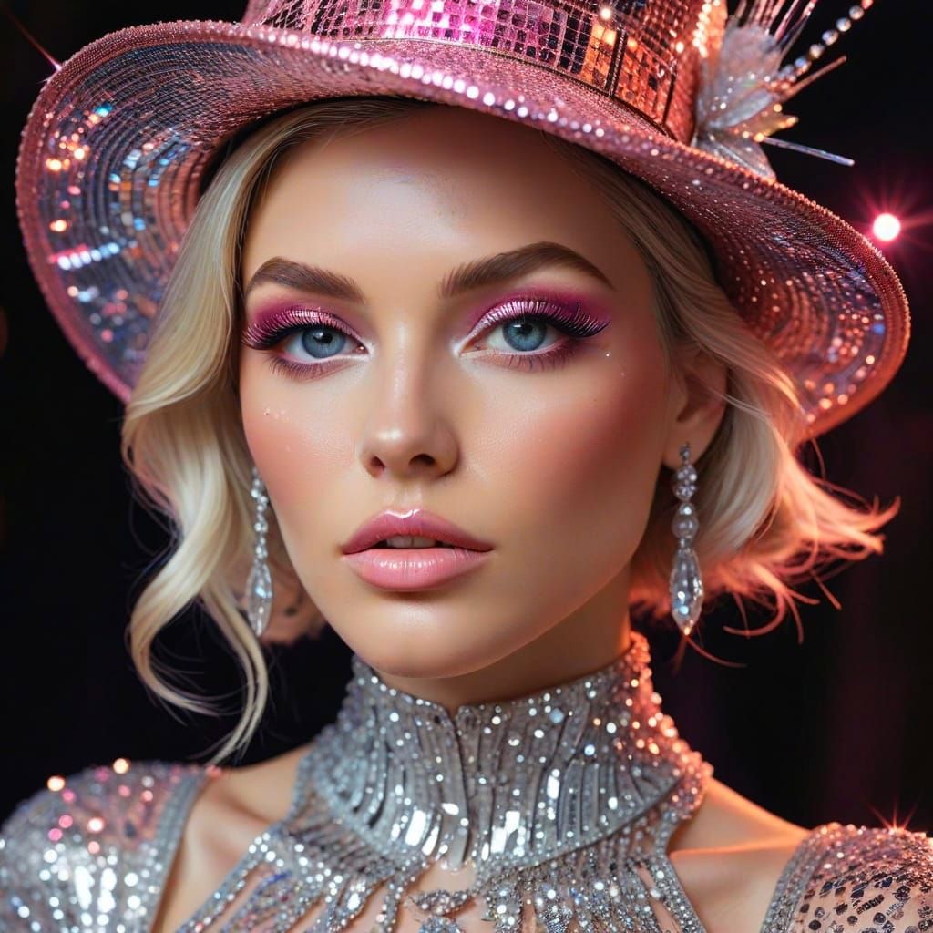 Glamorous Woman in Sequined Outfit and Rhinestone Hat