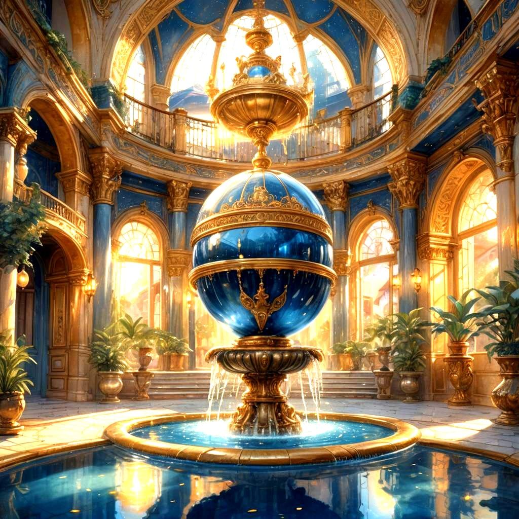 Glossy Orb in Fountain: Detailed Matte Painting