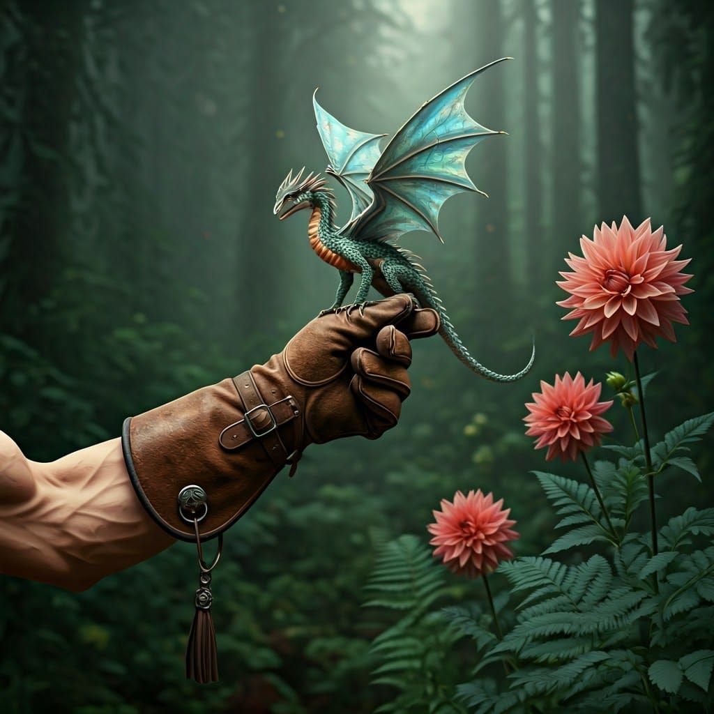 Dragon Lands on Falconer's Arm in Mystical Forest