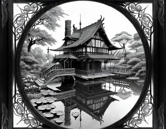 Detailed Treehouse in Black and White Ink Drawing