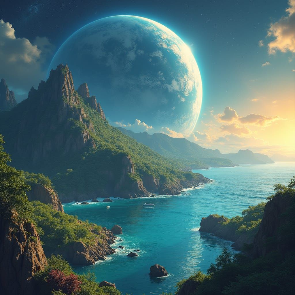 Lush Planet Overlooking Earth in Distant Space