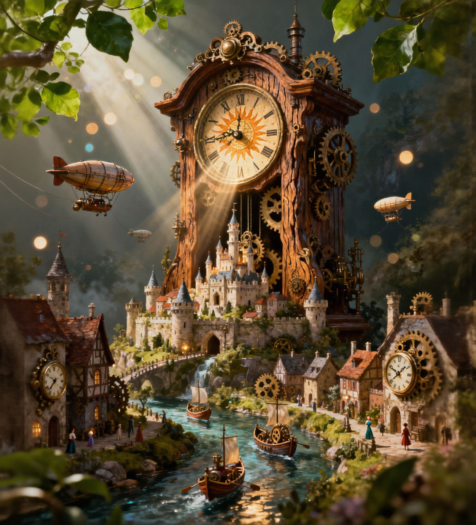 Steampunk Cuckoo Clock Castle with Airships and River Boats