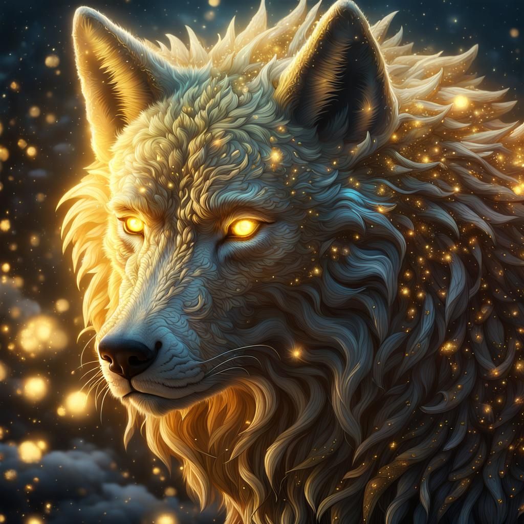 Luminous Ethereal Wolf with Golden Fur in Detailed Digital A...