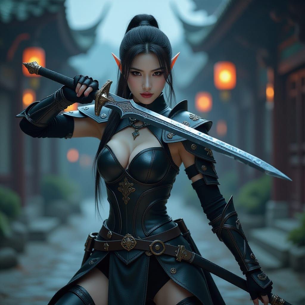 Confident Korean Elf Warrior in Dark Fantasy Setting