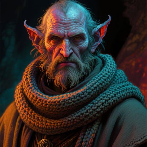 Grizzled Tiefling Mendicant in Dramatic Lighting